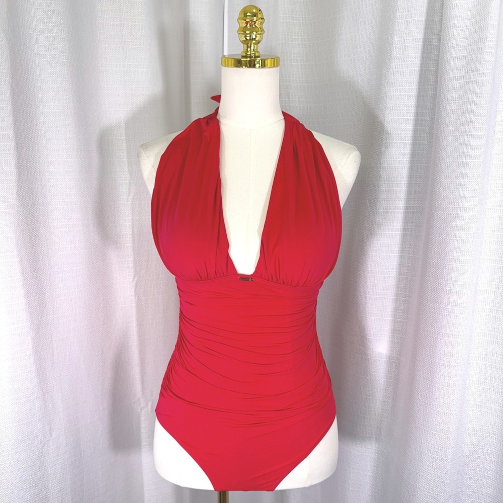 Victoria's Secret One Piece Swimsuit Womens Small Hot Pink Ruched Halter Plunge‎